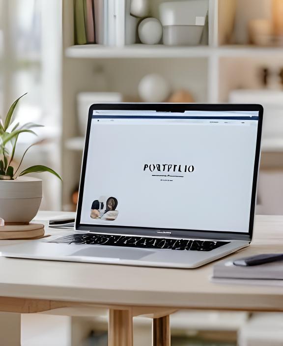 MacBook displaying a clean portfolio website layout for a boutique interior designer with soft neutral tones and elegant typography