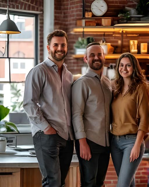Three members of the creative web studio team standing together in a sunlit modern workspace with exposed brick walls